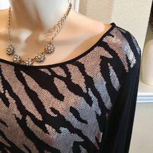 Black and Metallic Silver Long Sleeve T-shirt Top.